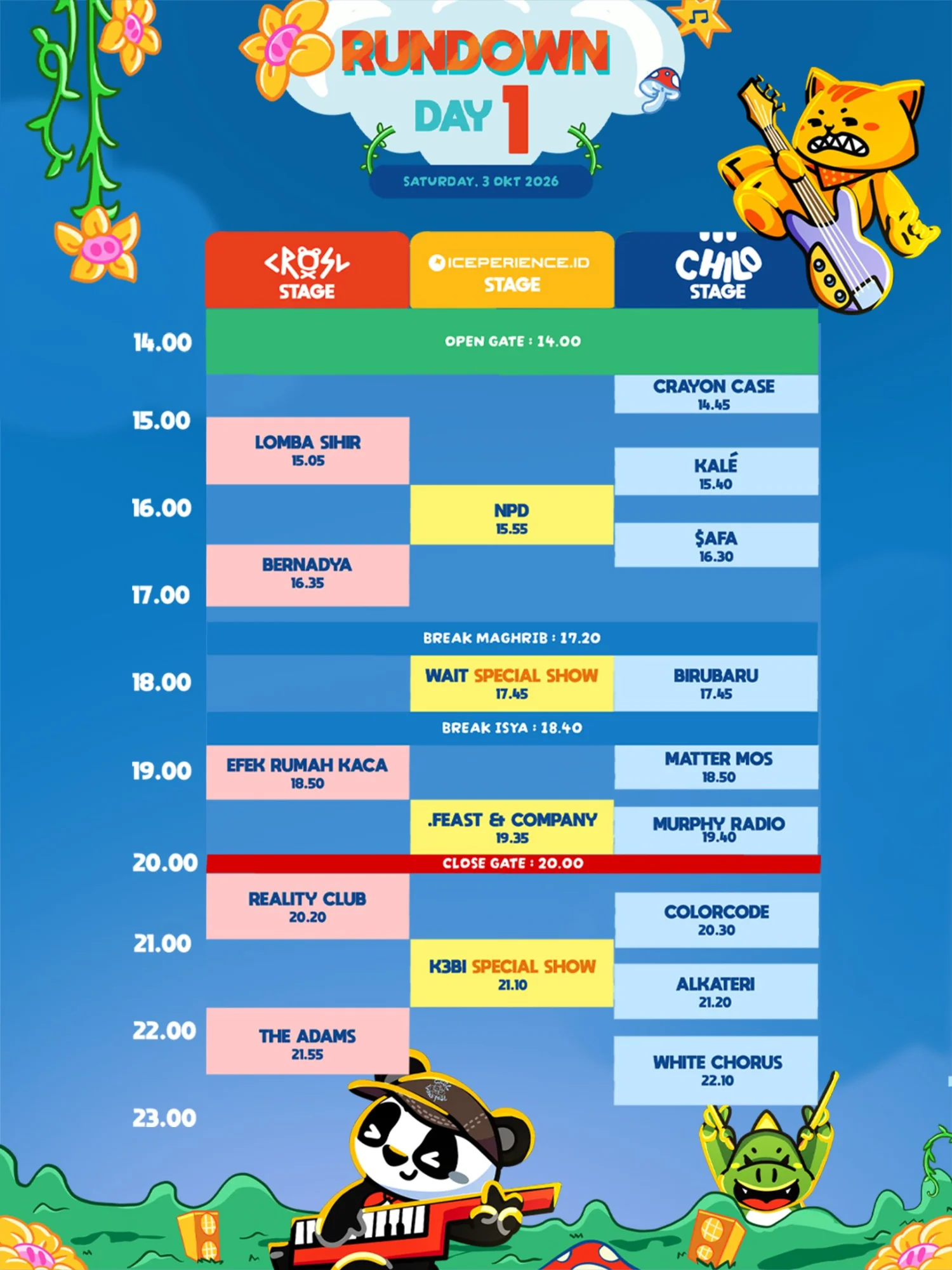 Rundown CRSL Land Festival 2026 Day 1, Sabtu 3 Oktober 2026, per stage