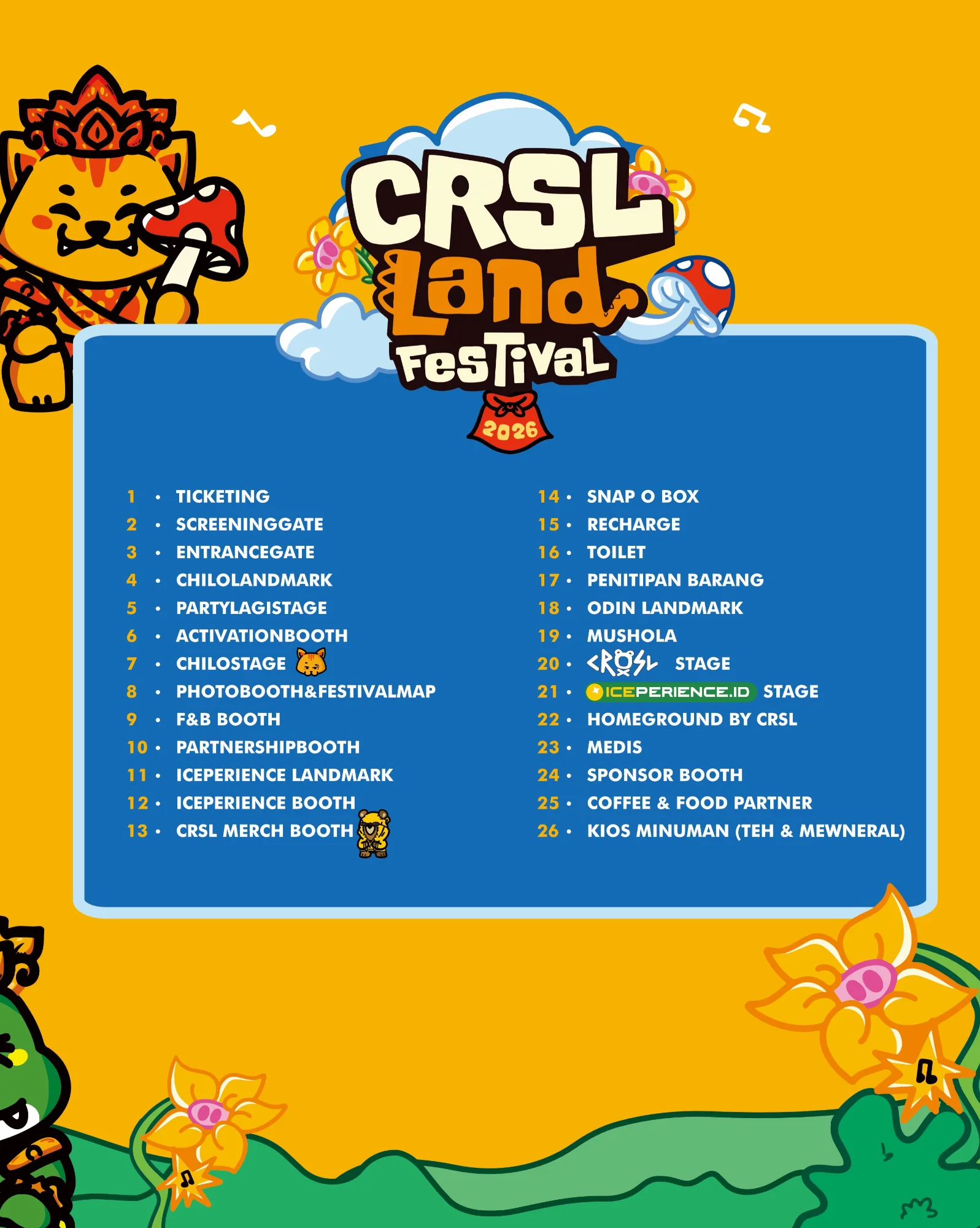 Legenda peta CRSL Land Festival 2026: daftar titik stage, gerbang, mushola, toilet, dan medis