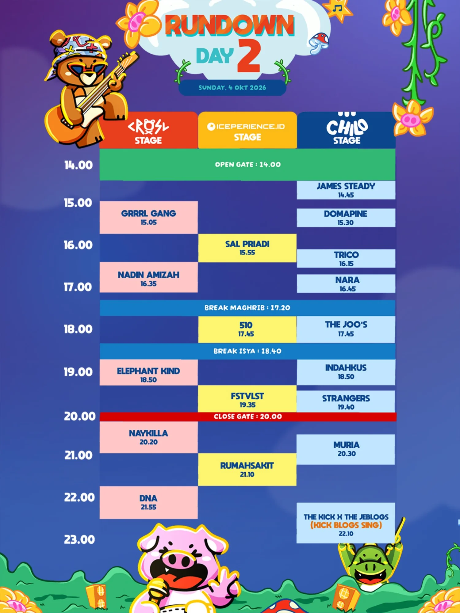 Rundown CRSL Land Festival 2026 Day 2, Minggu 4 Oktober 2026, per stage