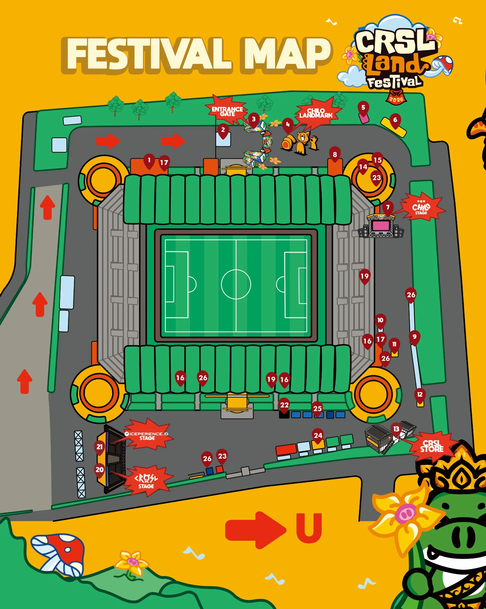 Peta CRSL Land Festival 2026 dengan letak CRSL Stage, ICEPERIENCE.ID Stage, dan Chilo Stage