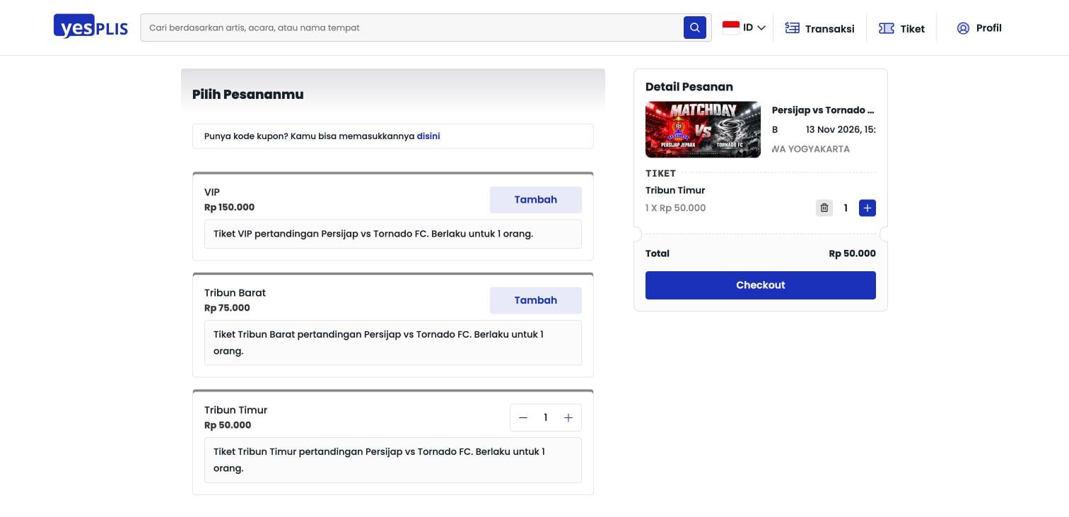 Halaman Pilih Pesananmu dengan kategori tiket, tombol Tambah, Detail Pesanan, dan tombol Checkout