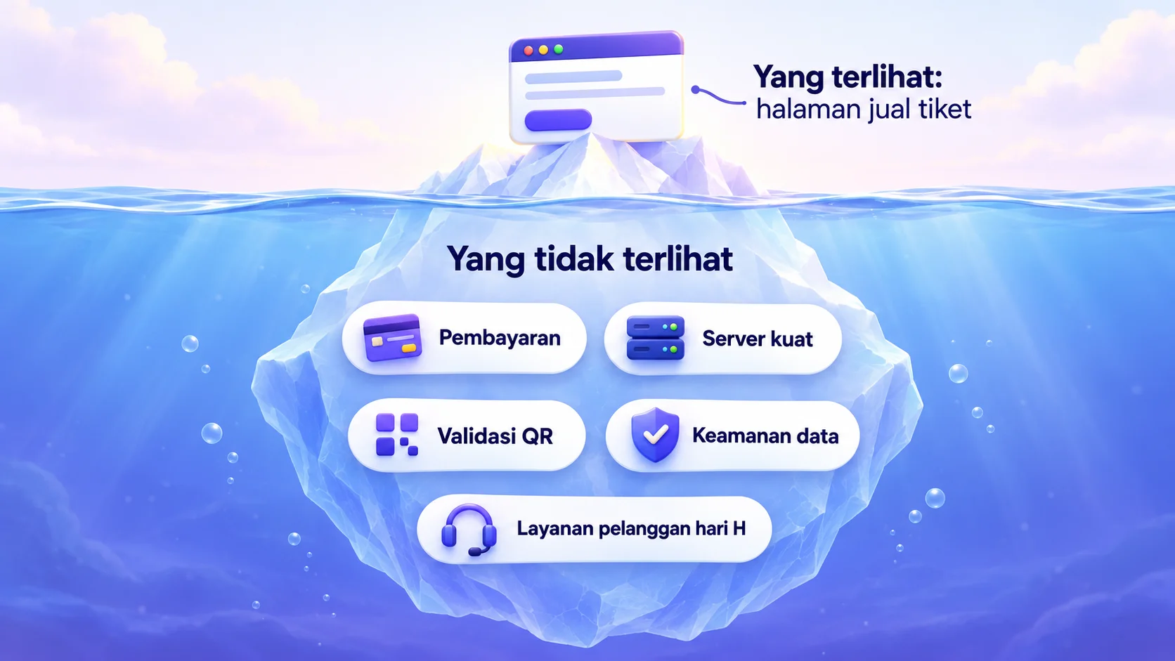 Ilustrasi gunung es: halaman jual tiket di atas, pembayaran, server, validasi, data, dan CS di bawahnya