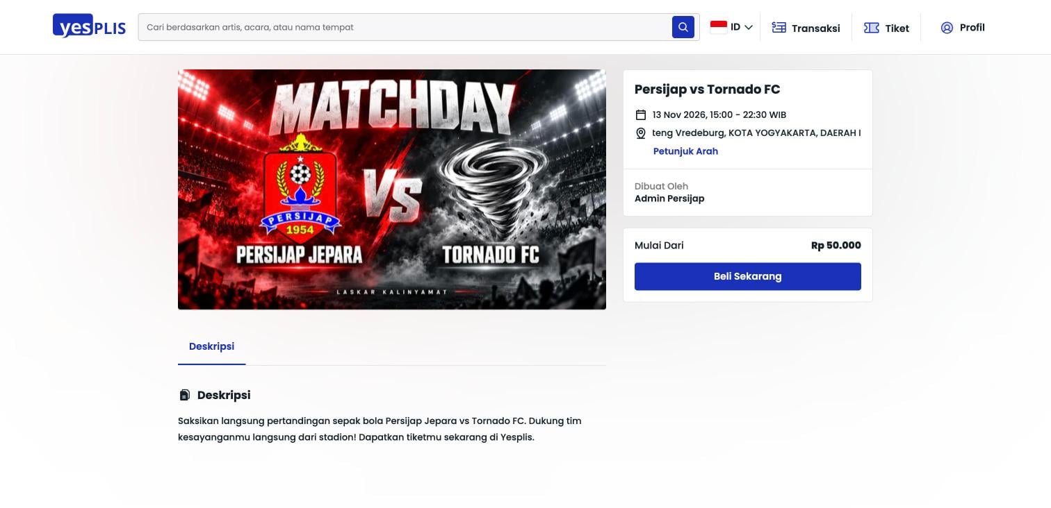 Halaman event Persijap vs Tornado FC di Yesplis dengan harga Mulai Dari dan tombol Beli Sekarang