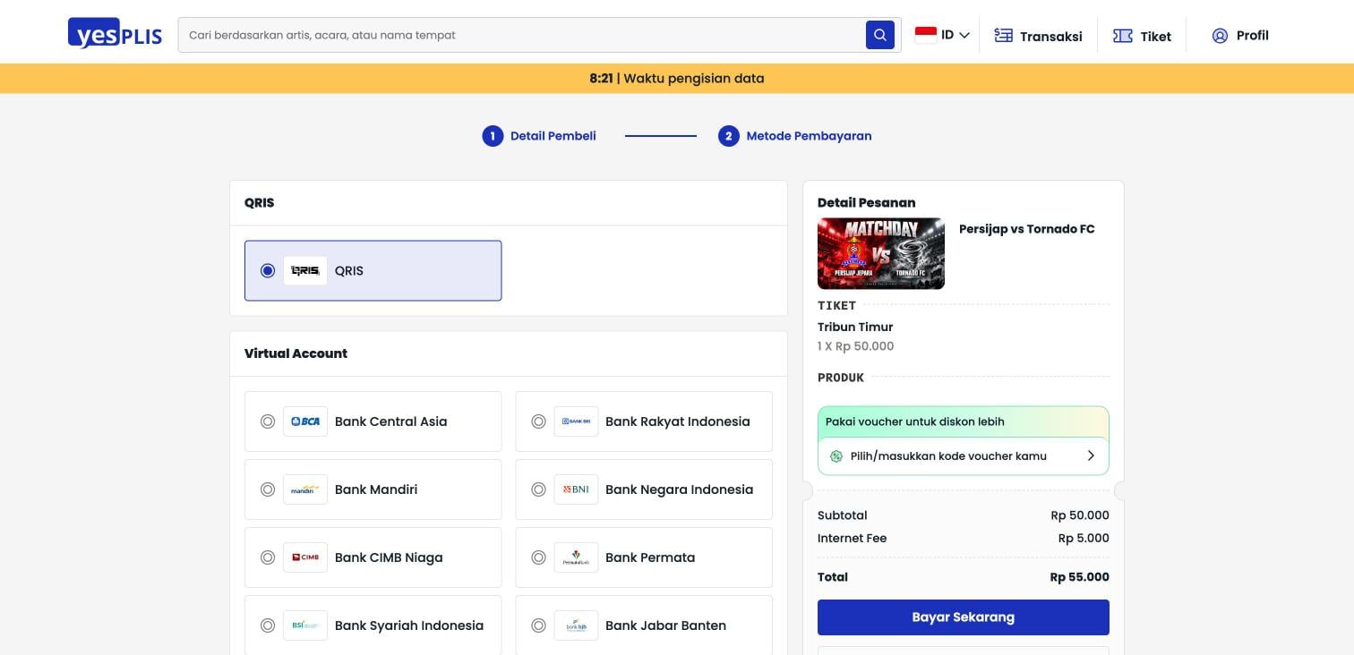Langkah Metode Pembayaran dengan QRIS terpilih, Internet Fee, total, dan tombol Bayar Sekarang